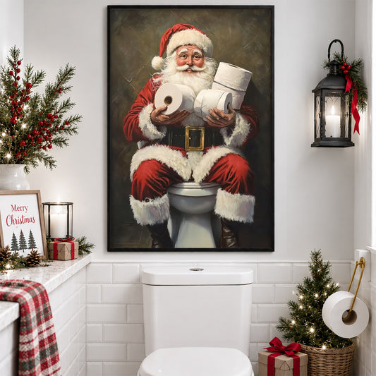 Funny Christmas Toilet Canvas Painting, Santa Claus In His Toilet Bathroom Wall Art Decor, Xmas Restroom Poster Gift