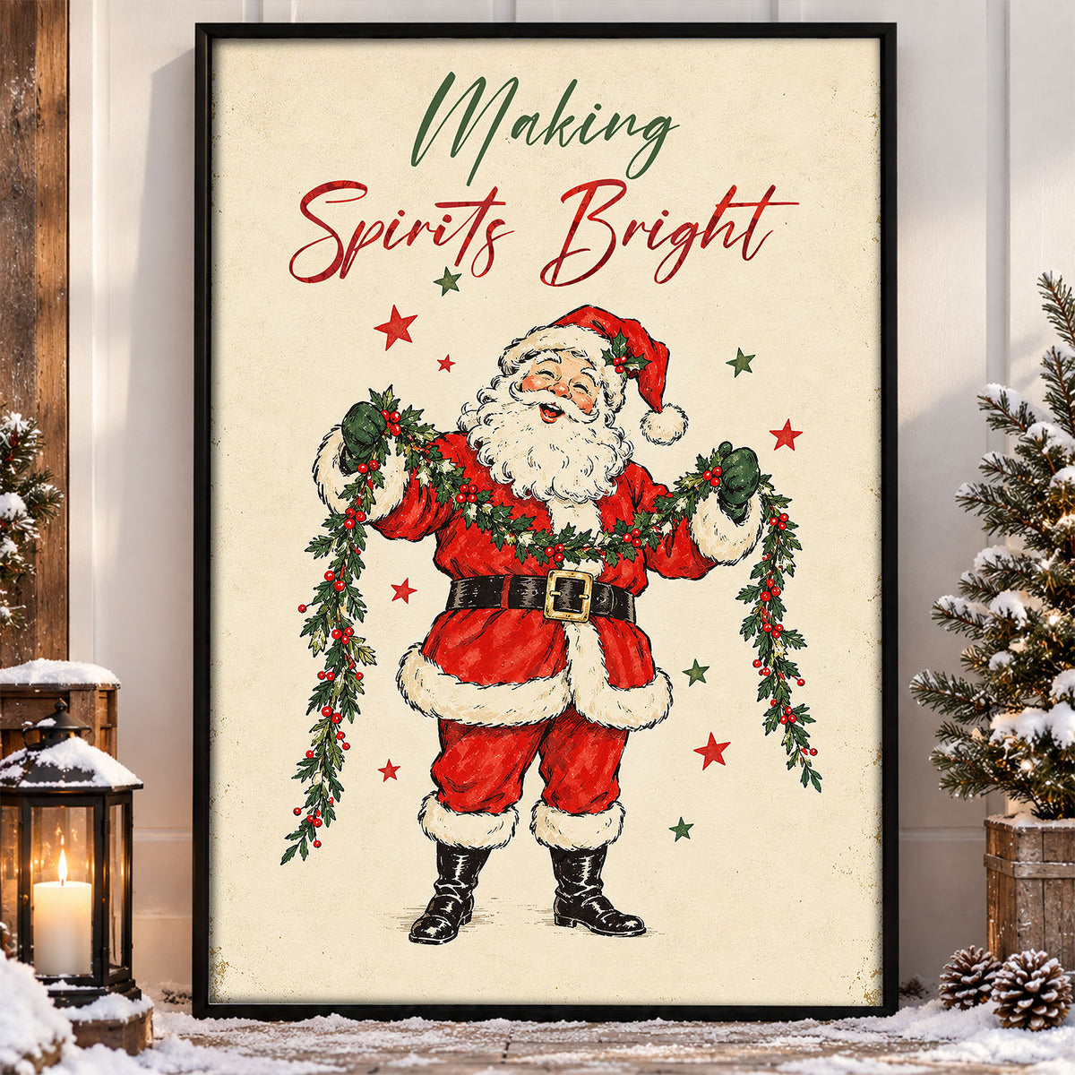 Christmas Quote Santa Claus Canvas Painting, Making Spirits Bright Wall Art Decor, Xmas Poster Gift To Decor House Or Office