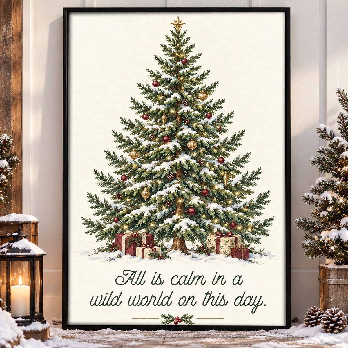 Cozy Christmas Tree Canvas Painting, All Is Calm In A Wild World On This Day Wall Art Decor, Xmas Quote Poster Gift