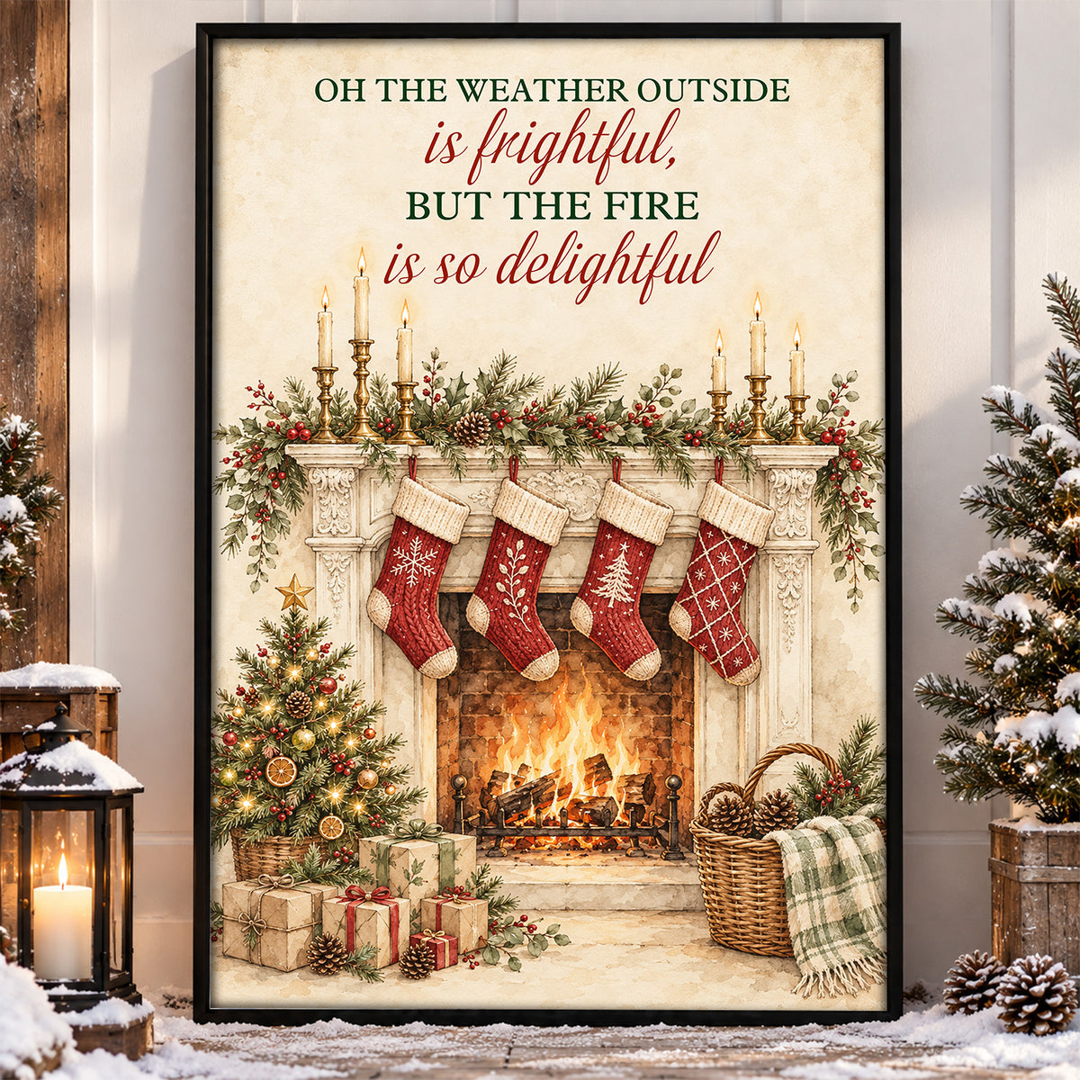 Cozy Christmas Fireplace Canvas Painting, On The Weather Outside Is Frightful Wall Art Decor, Xmas Quote Poster Gift
