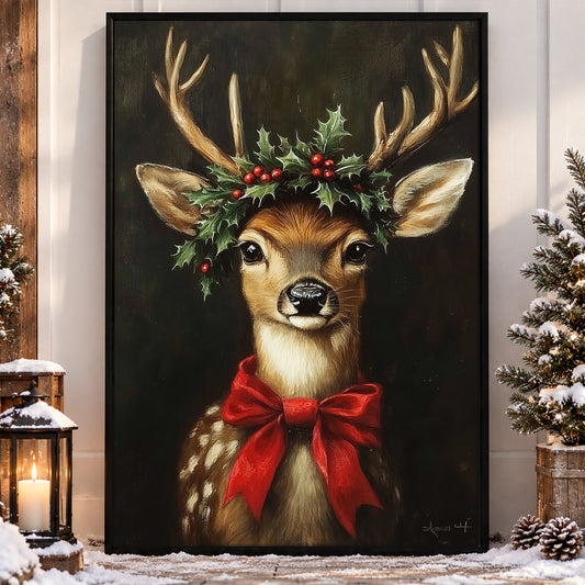 Cute Christmas Canvas Painting, The Fawn Has A Laurel Wreath On Its Head Wall Art Decor, Xmas Poster Gift For Fawn Lovers
