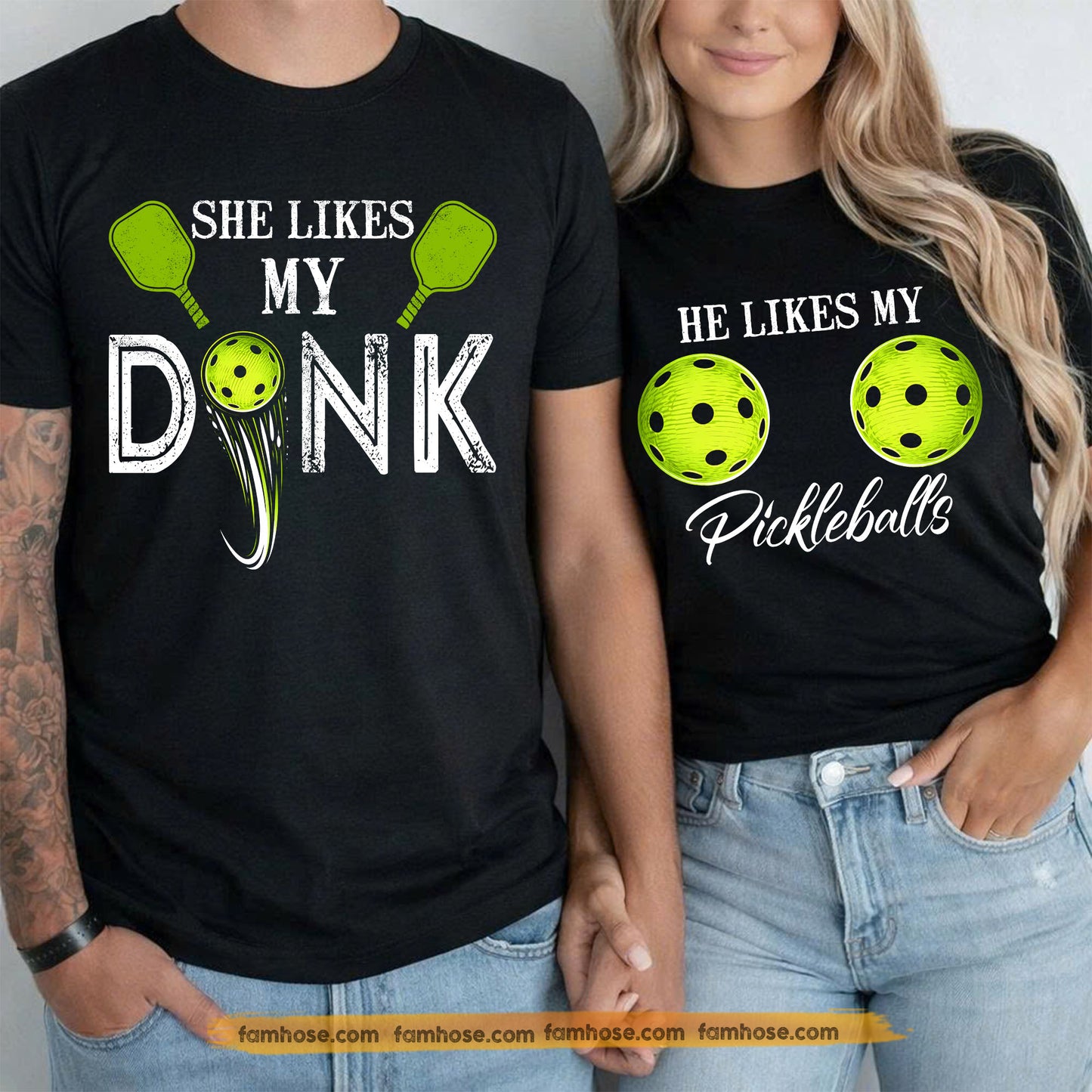 Pickleball Couple Matching T-shirt, She Likes My Dink & He Likes My Pickleballs Couple Tees Gift For Pickleball Lover