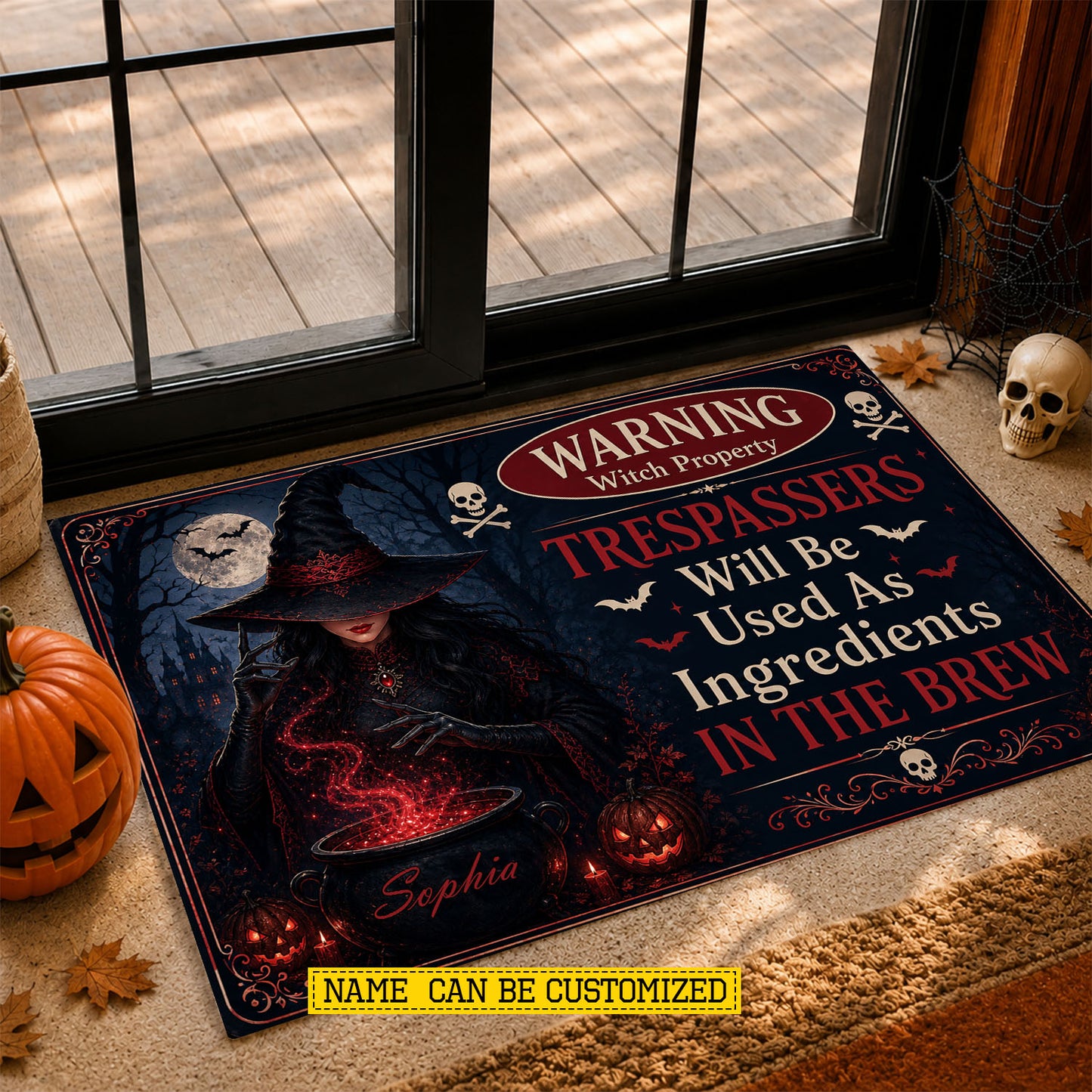 Personalized Halloween Witch Doormat, Trespassers Become Ingredients Doormat For Home Decor Housewarming Spooky Season Gift For Witch Lover