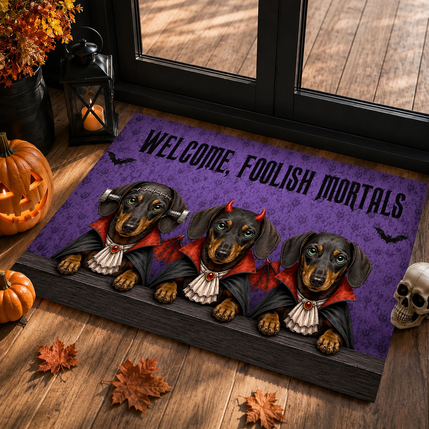 Halloween Dachshund Dog Doormat, Welcome Foolish Mortals Doormat For Home Decor Housewarming Spooky Season Gift For Wiener Dog Lover