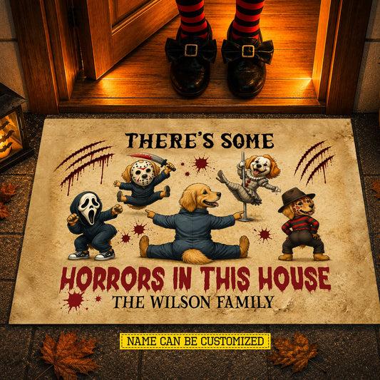 Funny Personalized Halloween Golden Retriever Dog Doormat, There’s Some Horrors In This House Doormat For Home Decor Housewarming Spooky Season Gift For Dog Lover, Horror Movie Fans