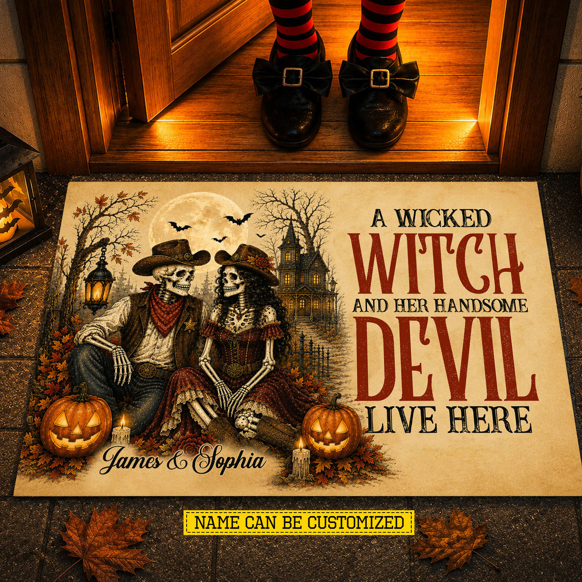 Personalized Halloween Couple Cowboy & Cowgirl Skeleton Doormat, A Wicked Witch And Her Handsome Devil Doormat For Home Decor Housewarming Spooky Season Gift For Couple