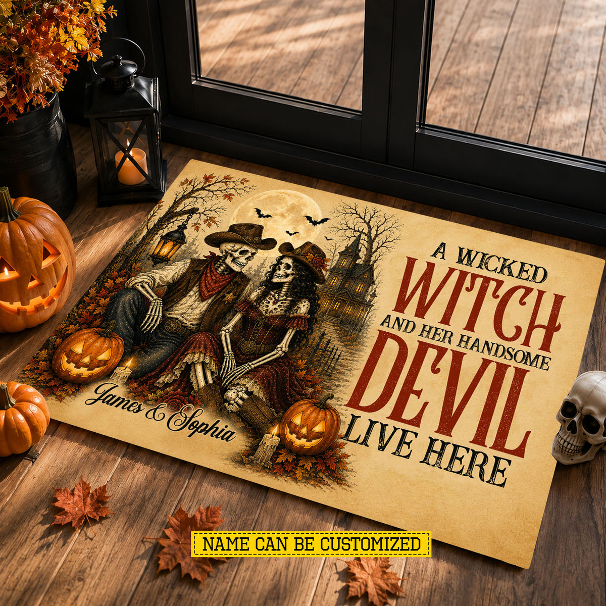 Personalized Halloween Couple Cowboy & Cowgirl Skeleton Doormat, A Wicked Witch And Her Handsome Devil Doormat For Home Decor Housewarming Spooky Season Gift For Couple