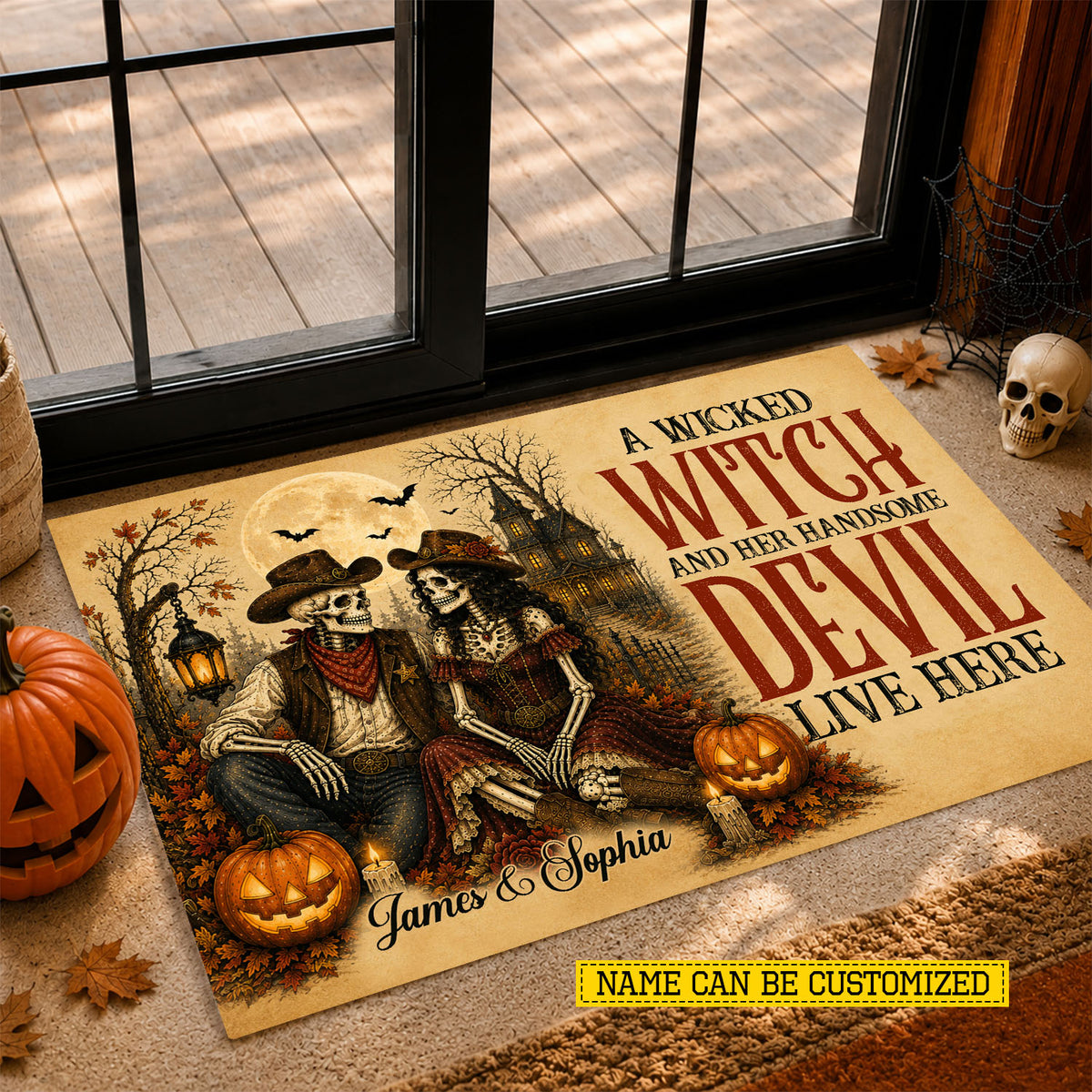 Personalized Halloween Couple Cowboy & Cowgirl Skeleton Doormat, A Wicked Witch And Her Handsome Devil Doormat For Home Decor Housewarming Spooky Season Gift For Couple
