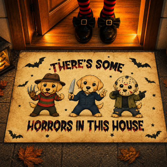 Funny Halloween Labrador Dog Doormat, There's Some Horrors In This House, Housewarming Gift, Spooky Season Doormat Decor Gift For Dog Lover, Horror Movie Fans