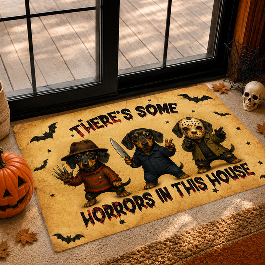 Funny Halloween Dachshund Dog Doormat, There's Some Horrors In This House, Housewarming Gift, Spooky Season Doormat Decor Gift For Dog Lover, Horror Movie Fans