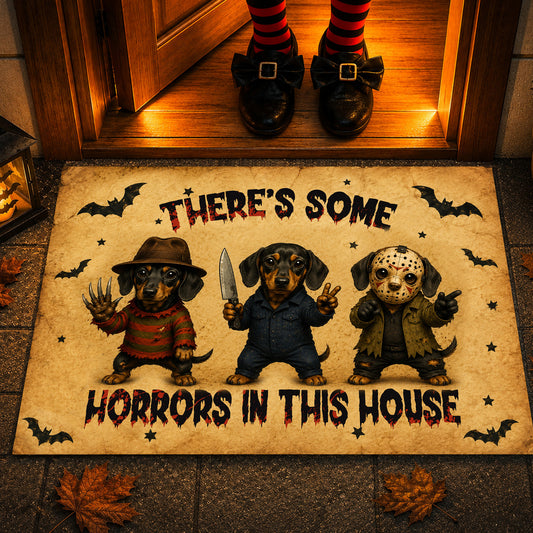 Funny Halloween Dachshund Dog Doormat, There's Some Horrors In This House, Housewarming Gift, Spooky Season Doormat Decor Gift For Dog Lover, Horror Movie Fans