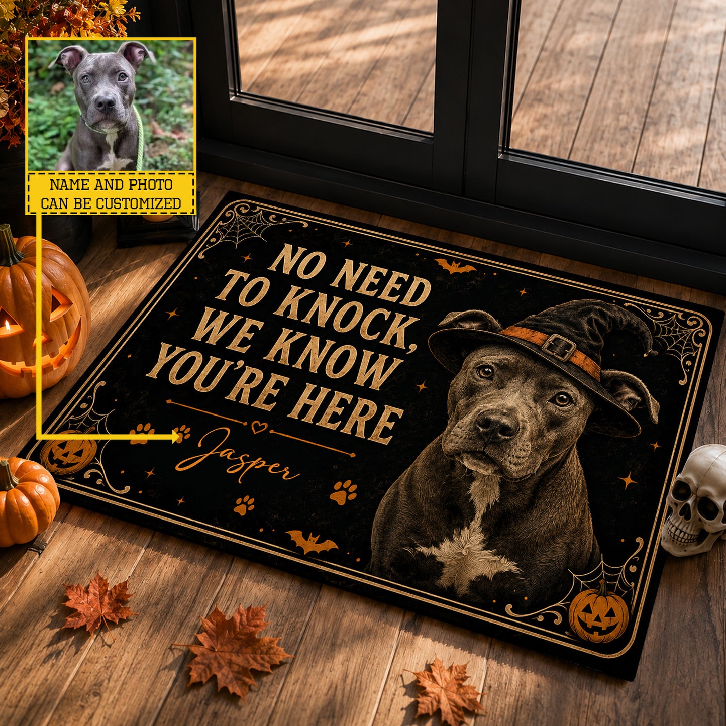 Funny Personalized Halloween Dog Doormat, No Need To Knock Doormat For Home Decor Housewarming Spooky Season Gift For Dog Lover