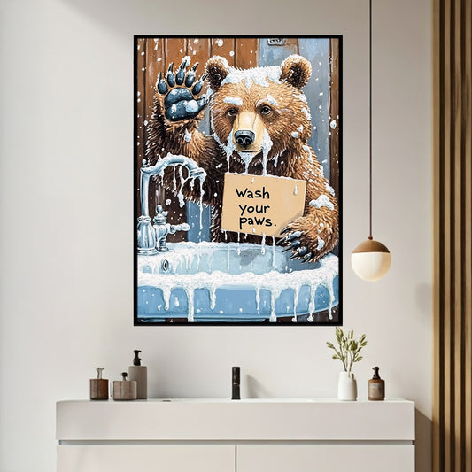 Cute Bear Toilet Canvas Painting, Wash Your Paws Bathroom Wall Art Decor, Restroom Poster Gift For Bear Lover