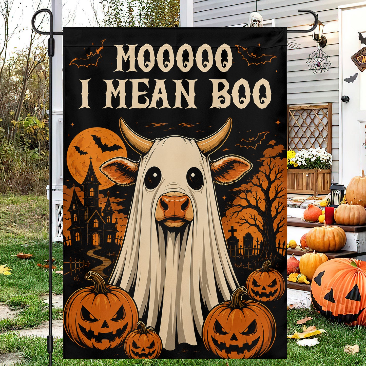 Funny Halloween Cow Boo Garden & House Flag, Mooooo I Mean Boo Yard Flag Spooky Season Gift For Ghost & Cow Lover
