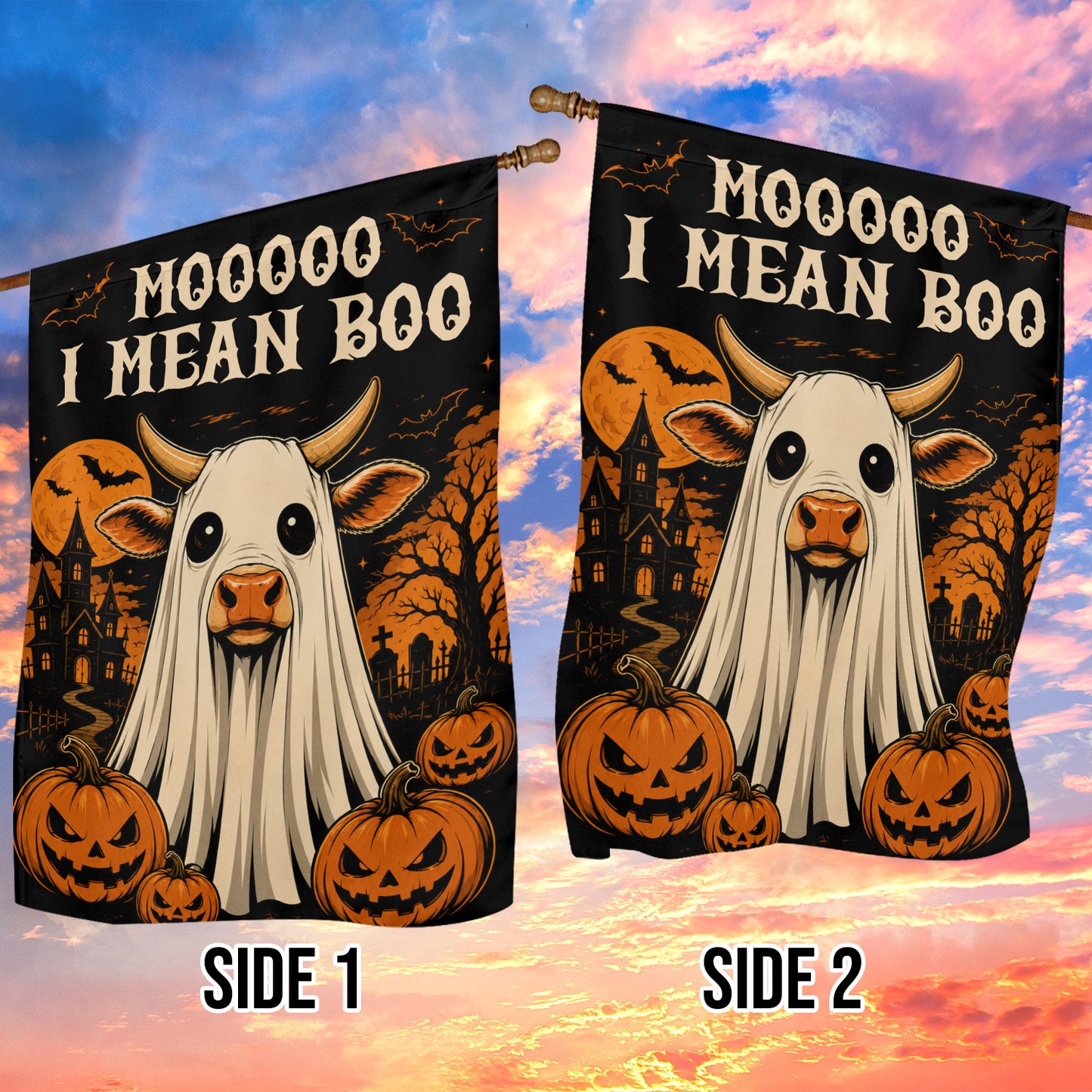 Funny Halloween Cow Boo Garden & House Flag, Mooooo I Mean Boo Yard Flag Spooky Season Gift For Ghost & Cow Lover