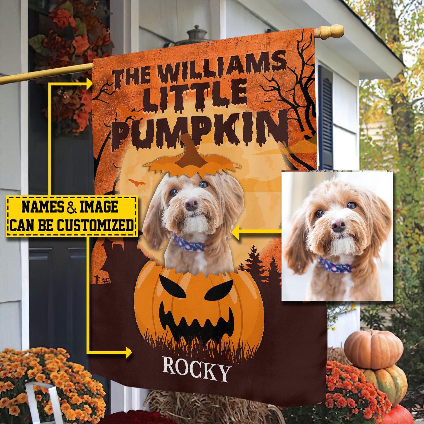 Personalized Dog Garden Flag & House Flag, Little Pumpkin, Halloween Outdoor Decor, Spooky Yard Decor Gift For Dog Lovers