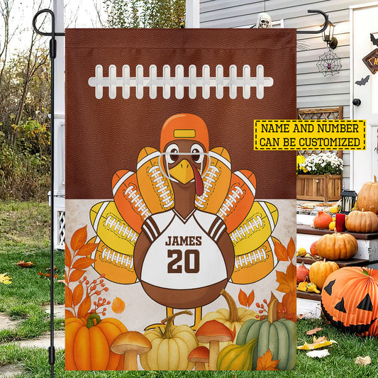Personalized Thanksgiving Football Garden & House Flag, Thankful For Football With Turkey Outdoor Decor, Yard Decor Gift For Football Lovers