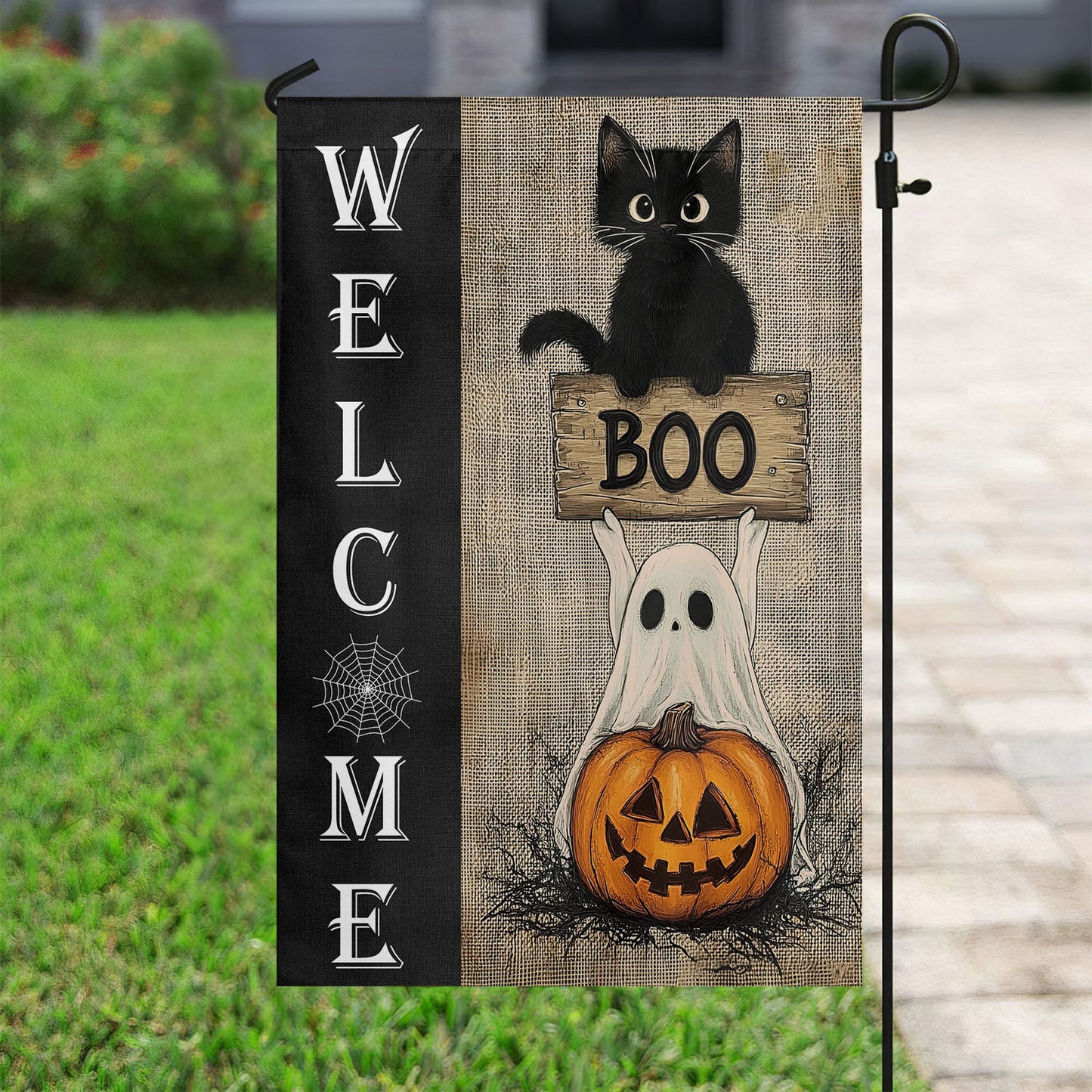 Funny Halloween Garden Flag & House Flag, Welcome Cat Ghost And Pumpkin Boo, Halloween Outdoor Decor, Spooky Yard Decor Gift