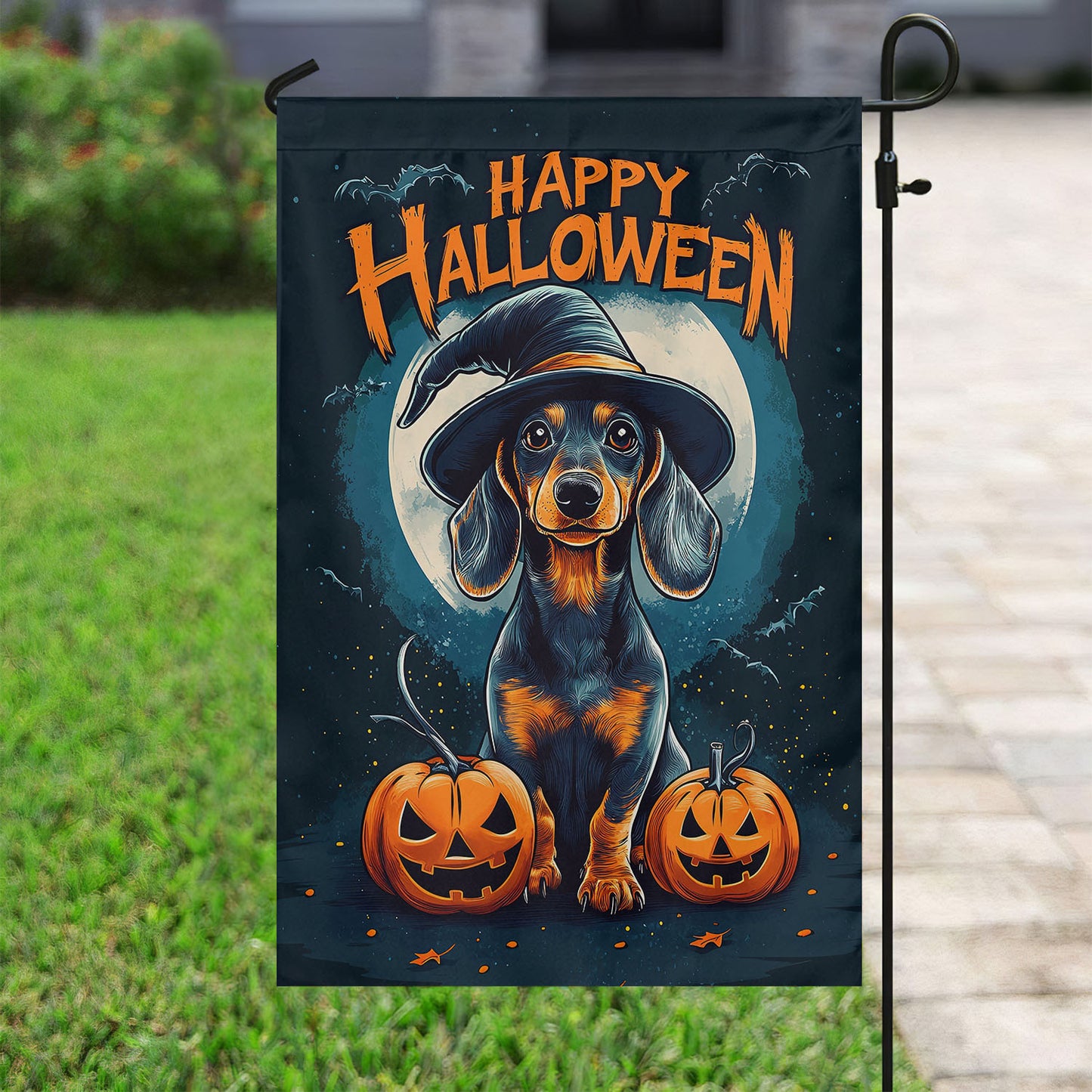 Halloween Dachshund Garden Flag & House Flag, Dachshund Happy Halloween Spooky Season Outdoor Decor, Yard Decor Gift For Dog Lovers