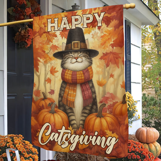 Funny Thanksgiving Cat Garden & House Flag, Happy Catsgiving Thankful Outdoor Decor, Yard Decor Gift For Cat Lovers
