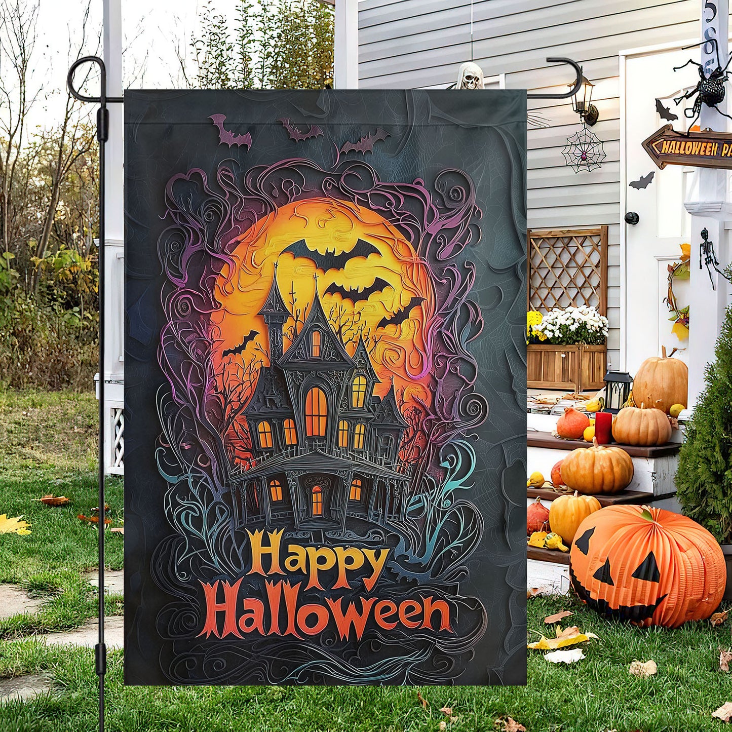 Haunted House Halloween Garden Flag & House Flag, Halloween Outdoor Decor, Spooky Yard Decor Gift