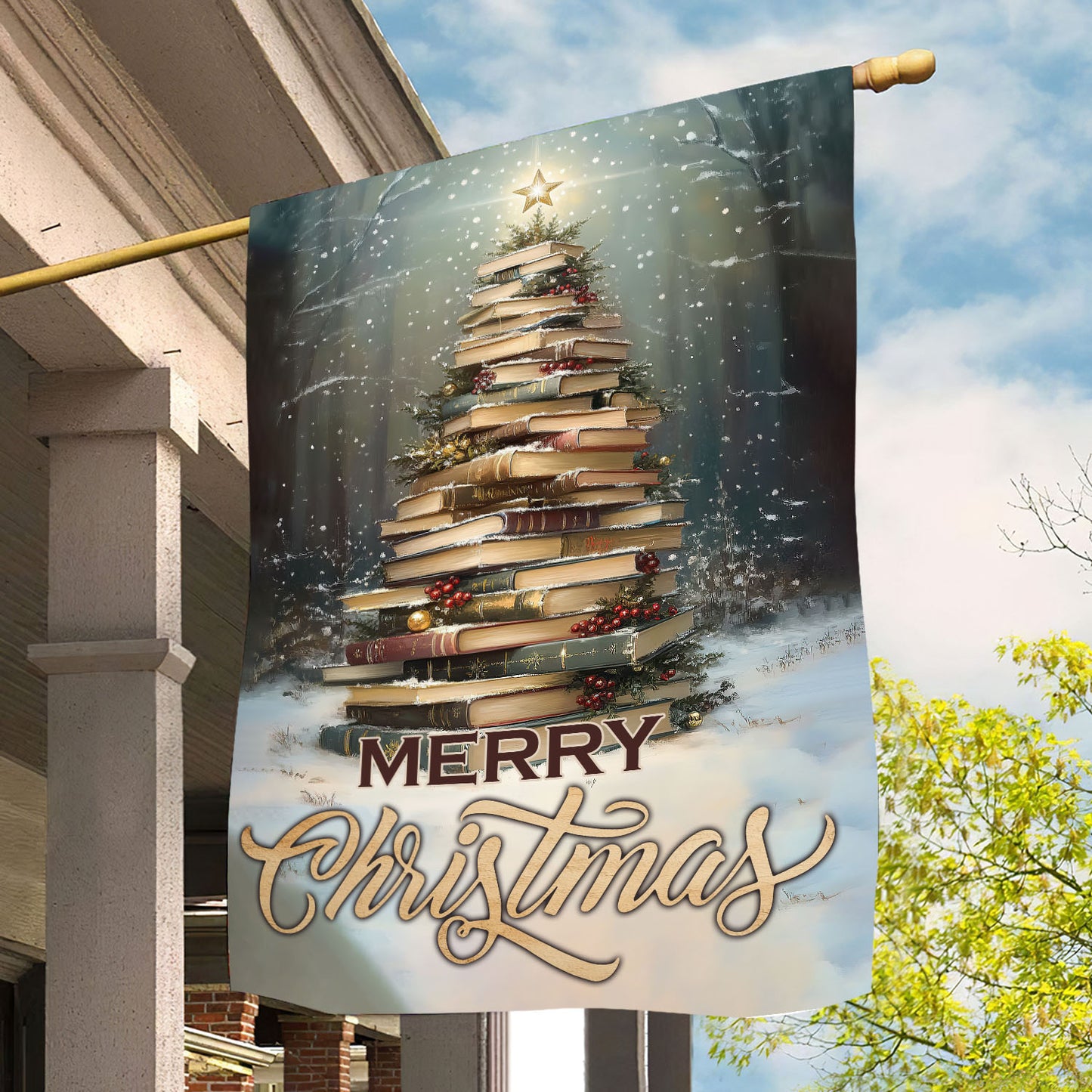 Christmas Book Garden Flag & House Flag, Merry Christmas, Welcome Outdoor Decor, Xmas Yard Decor Gift For Books Lovers