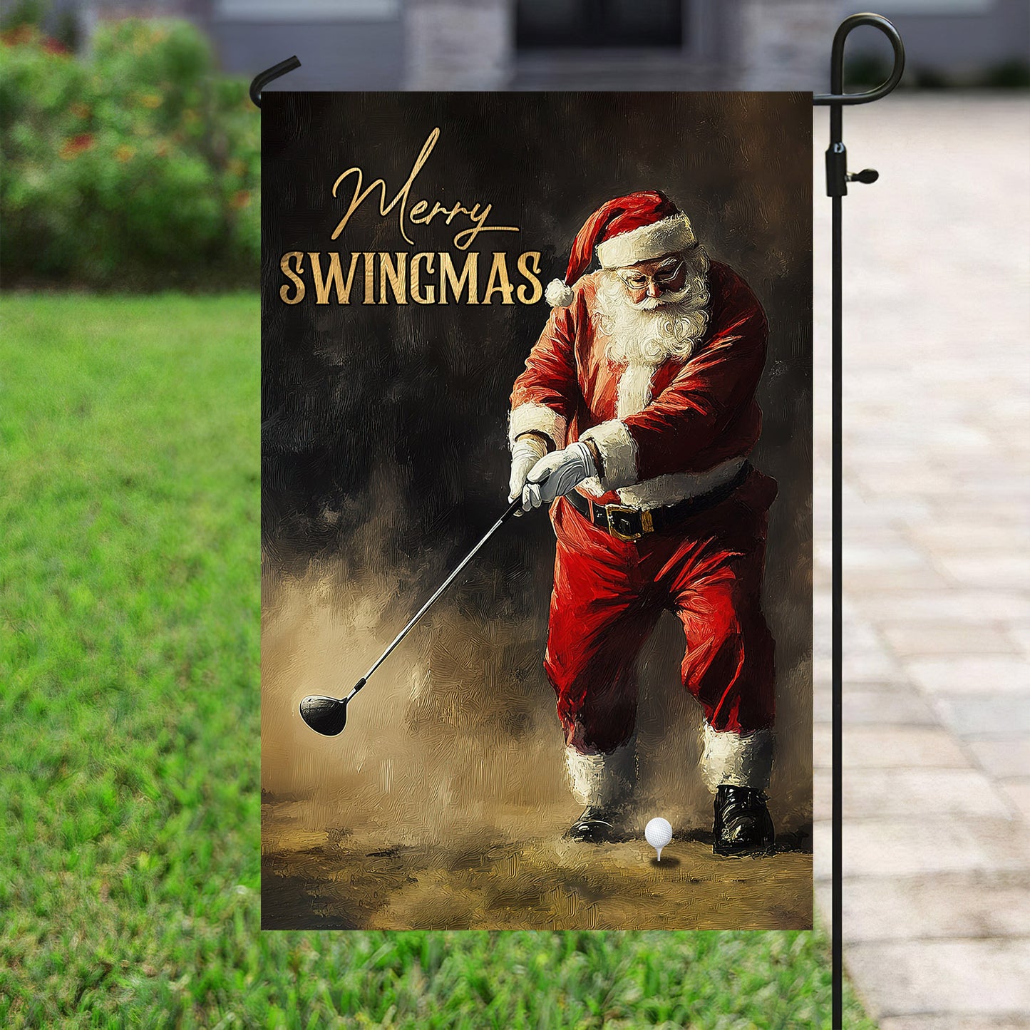 Christmas Santa Claus Playing Golf Garden Flag & House Flag, Merry Swingmas, Welcome Outdoor Decor, Xmas Yard Decor Gift For Golf Lovers