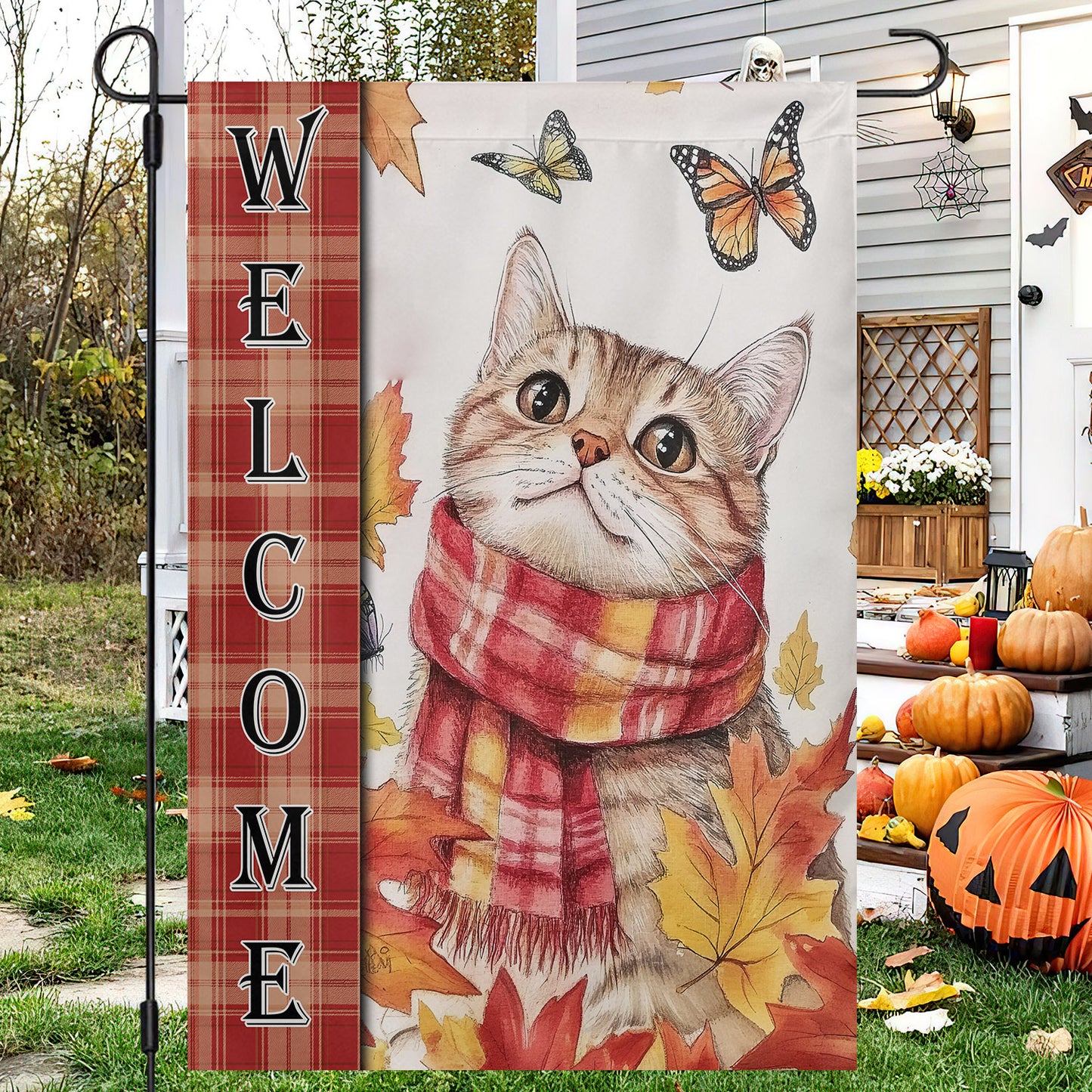Cute Thanksgiving Cat Garden & House Flag, Welcome Outdoor Decor, Give Thanks Yard Decor Gift For Cat Lovers