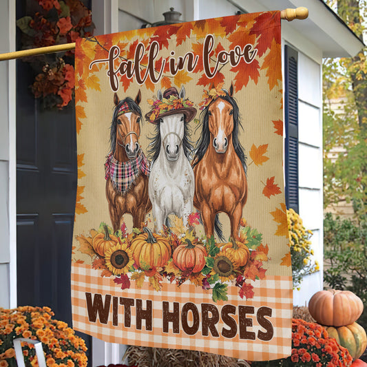 Thanksgiving Horse Garden & House Flag, Fall In Love With Horse Thankful Outdoor Decor, Yard Decor Gift For Horse Lovers