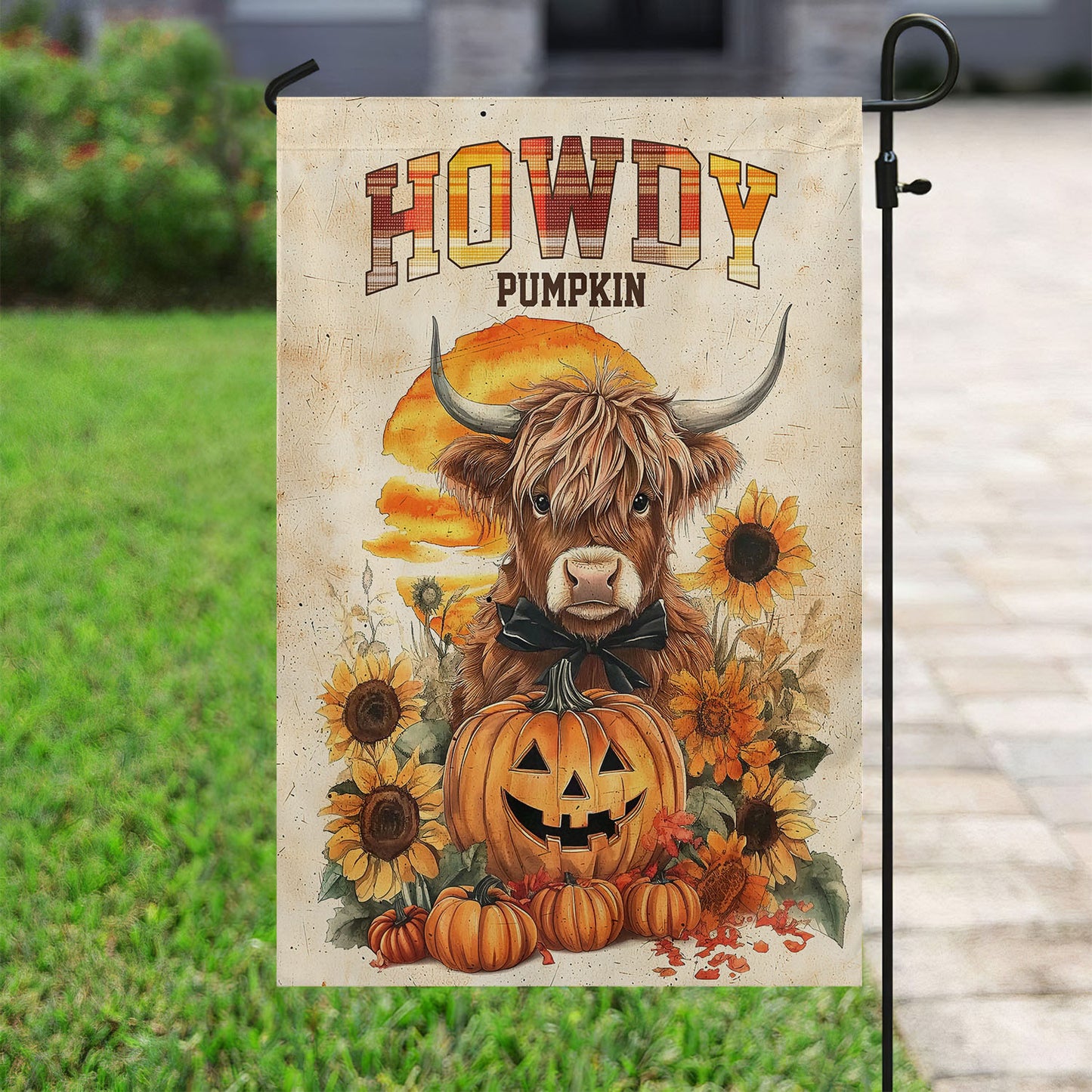 Thanksgiving Cow Garden Flag & House Flag, Howdy Pumpkin Thankful Season Outdoor Decor, Yard Decor Gift For Cow Lovers