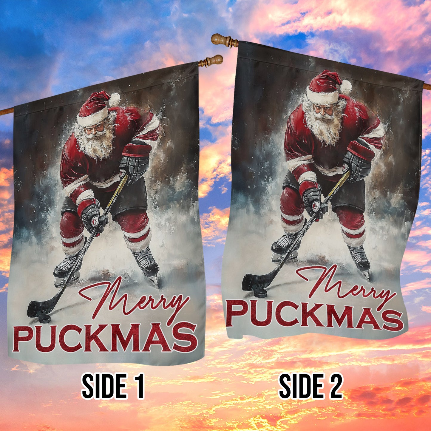 Christmas Santa Claus Playing Hockey Garden Flag & House Flag, Merry Puckmas, Welcome Outdoor Decor, Xmas Yard Decor Gift For Hockey Lovers