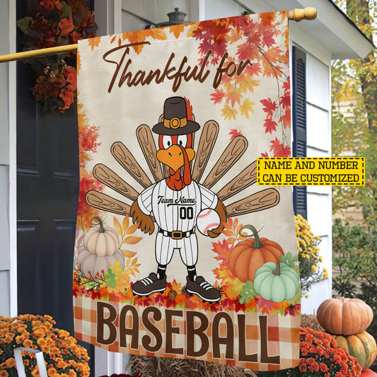 Personalized Thanksgiving Baseball Garden & House Flag, Thankful For Baseball Turkey Outdoor Decor, Yard Decor Gift For Baseball Lovers