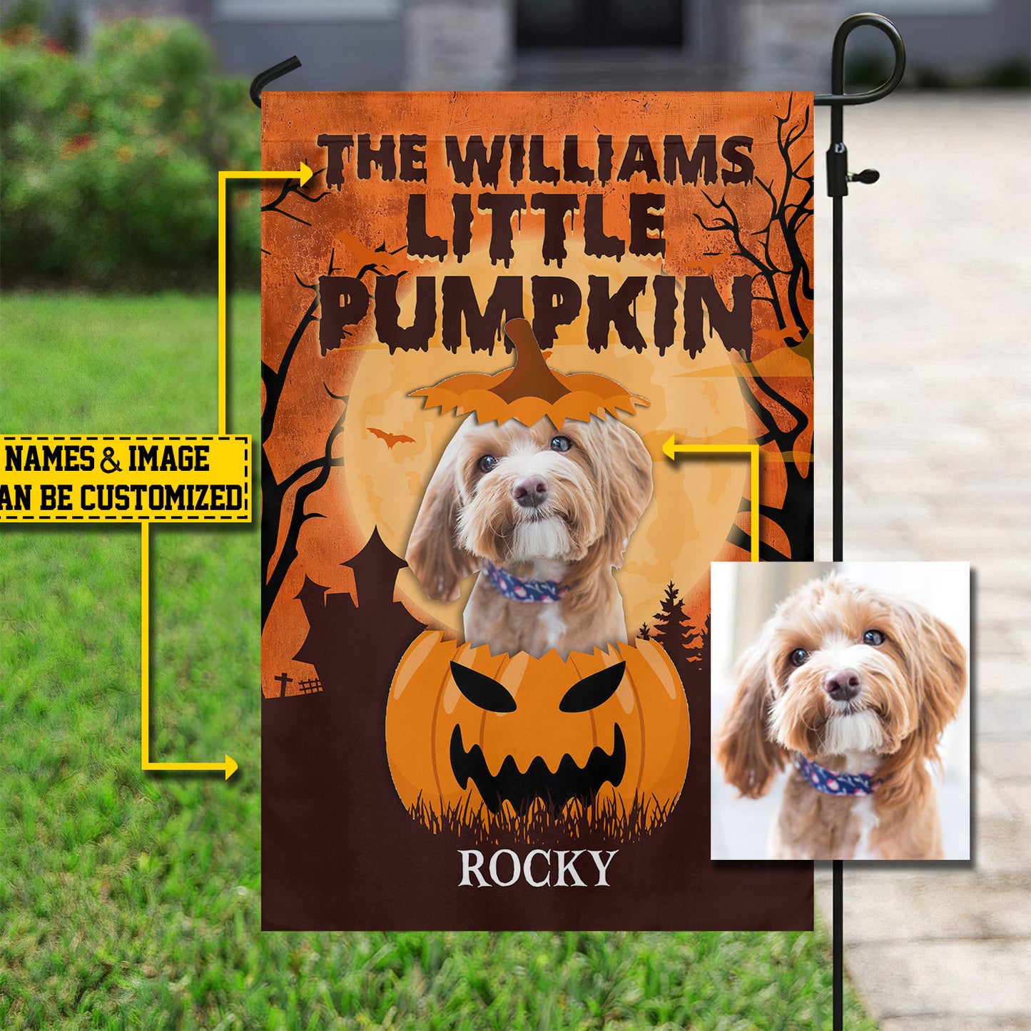 Personalized Dog Garden Flag & House Flag, Little Pumpkin, Halloween Outdoor Decor, Spooky Yard Decor Gift For Dog Lovers