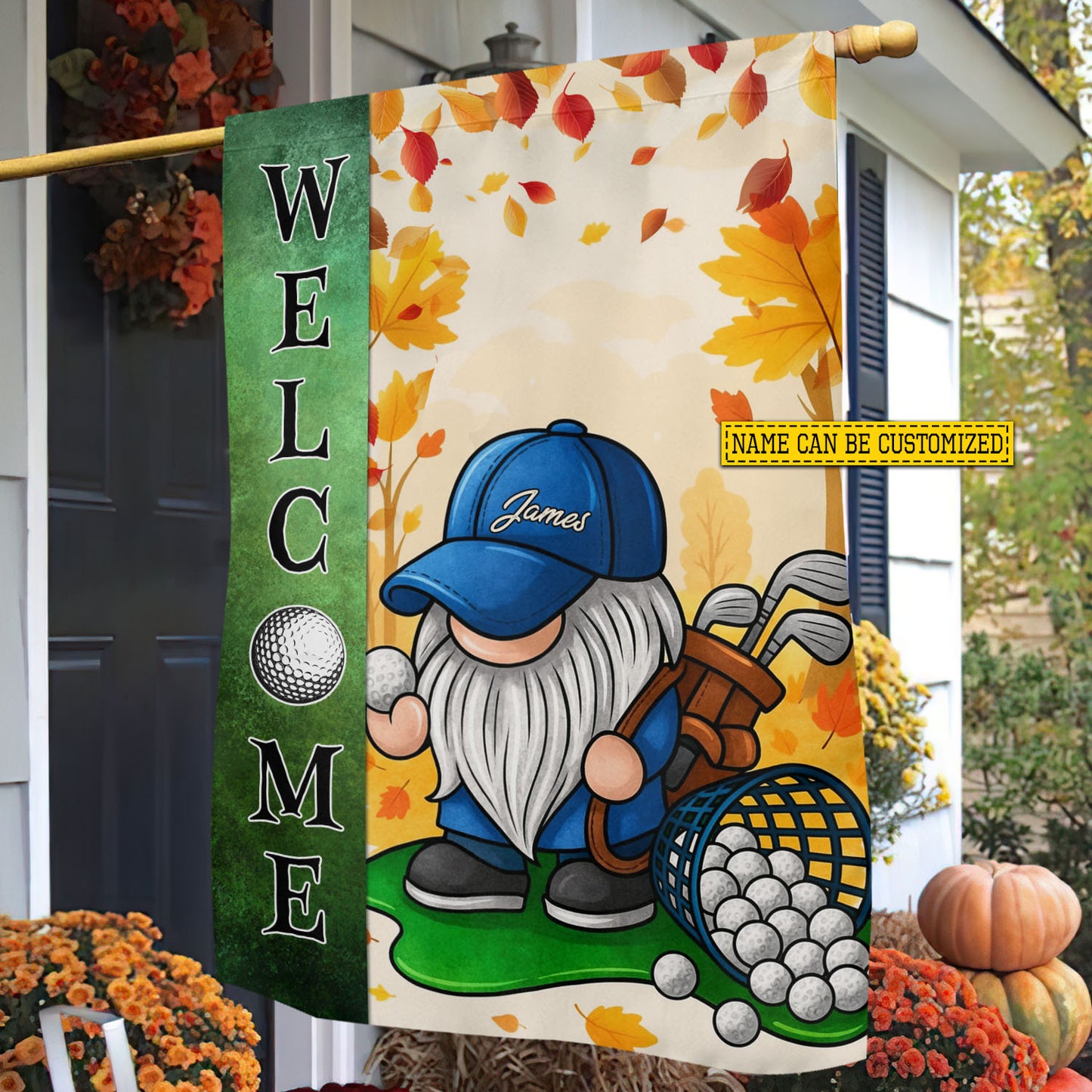 Personalized Thanksgiving Golf Gnomie Garden & House Flag, Welcome Thankful Outdoor Decor, Yard Decor Gift For Golf Lovers