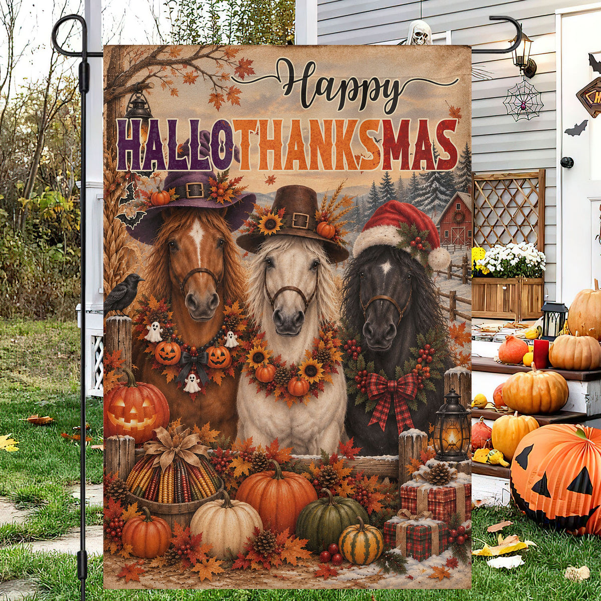 Halloween Thanksgiving Christmas Horse Garden & House Flag, Happy HalloThanksMas Yard Flag, 3 Seasons In 1 Flag Gift For Horse Lover