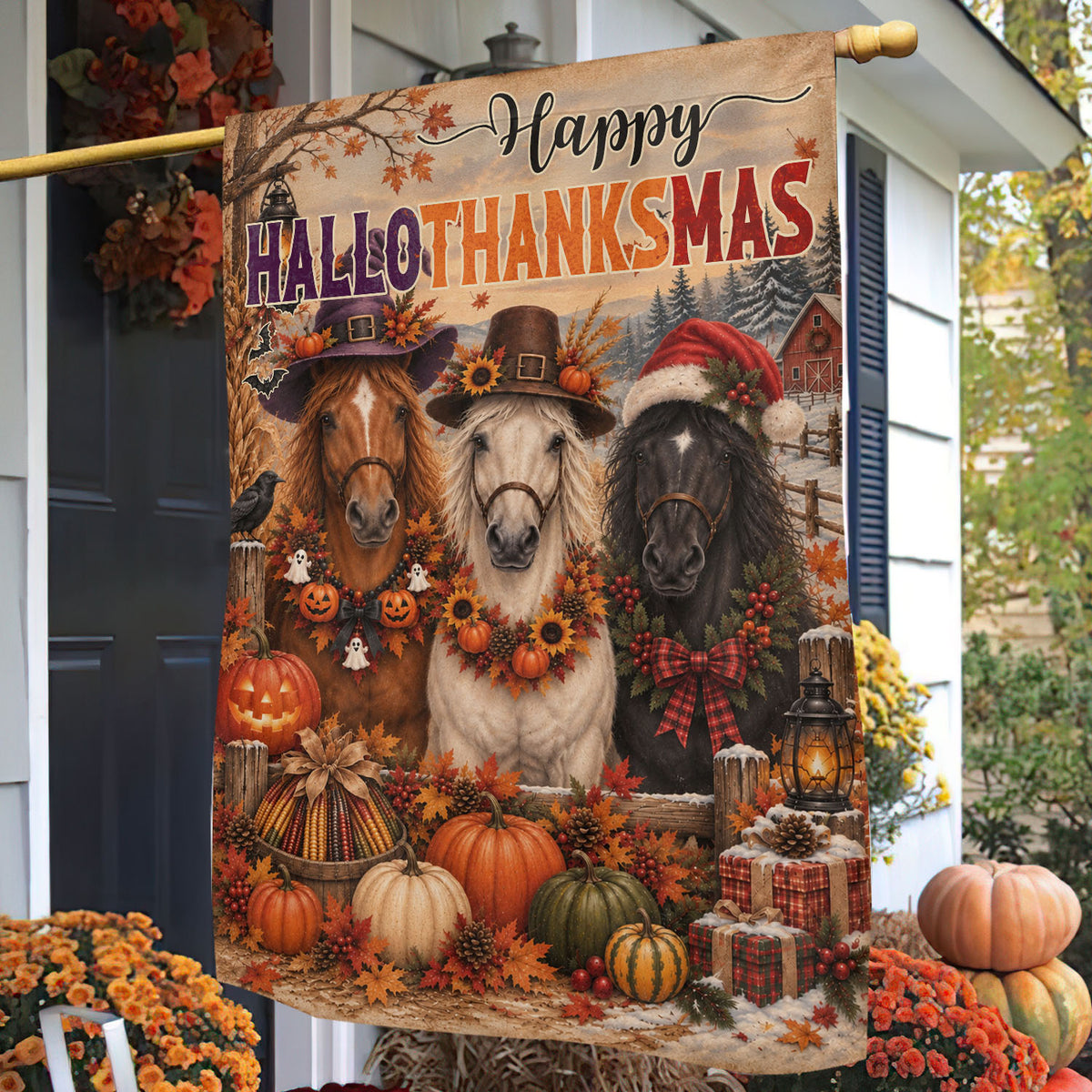 Halloween Thanksgiving Christmas Horse Garden & House Flag, Happy HalloThanksMas Yard Flag, 3 Seasons In 1 Flag Gift For Horse Lover