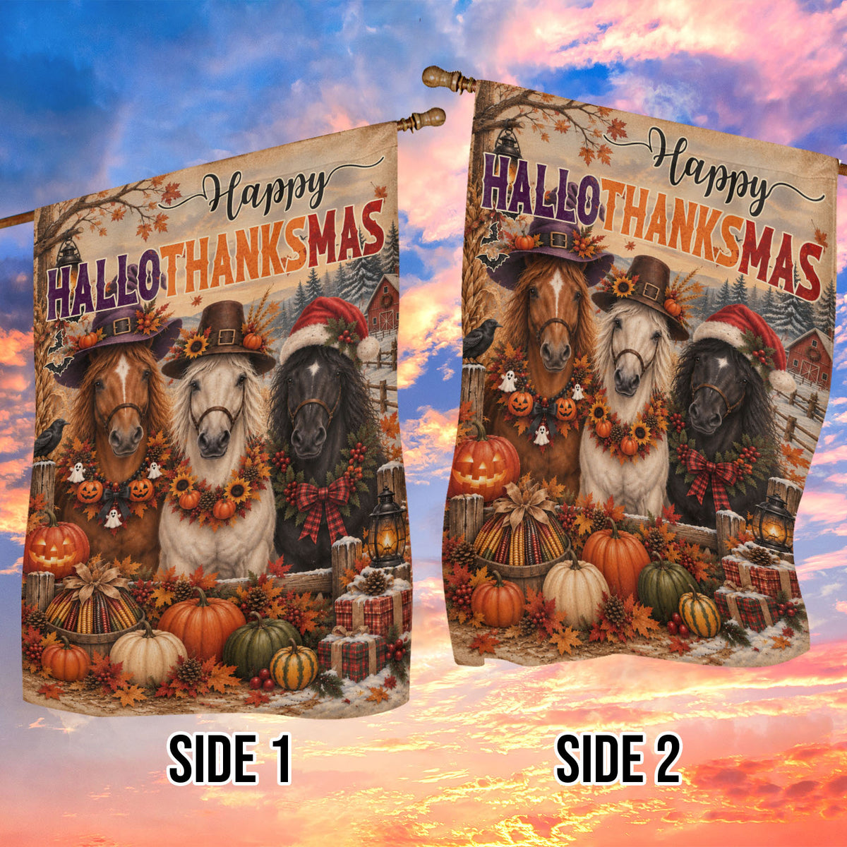 Halloween Thanksgiving Christmas Horse Garden & House Flag, Happy HalloThanksMas Yard Flag, 3 Seasons In 1 Flag Gift For Horse Lover