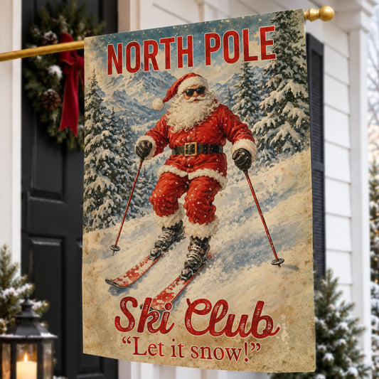 Vintage Christmas Skiing Garden & House Flag, North Pole Ski Club Sport Yard Flag, Xmas Gift For Skiing Lover