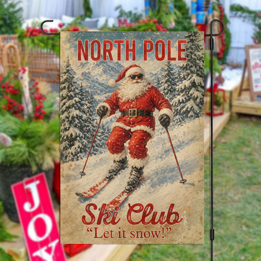 Vintage Christmas Skiing Garden & House Flag, North Pole Ski Club Sport Yard Flag, Xmas Gift For Skiing Lover
