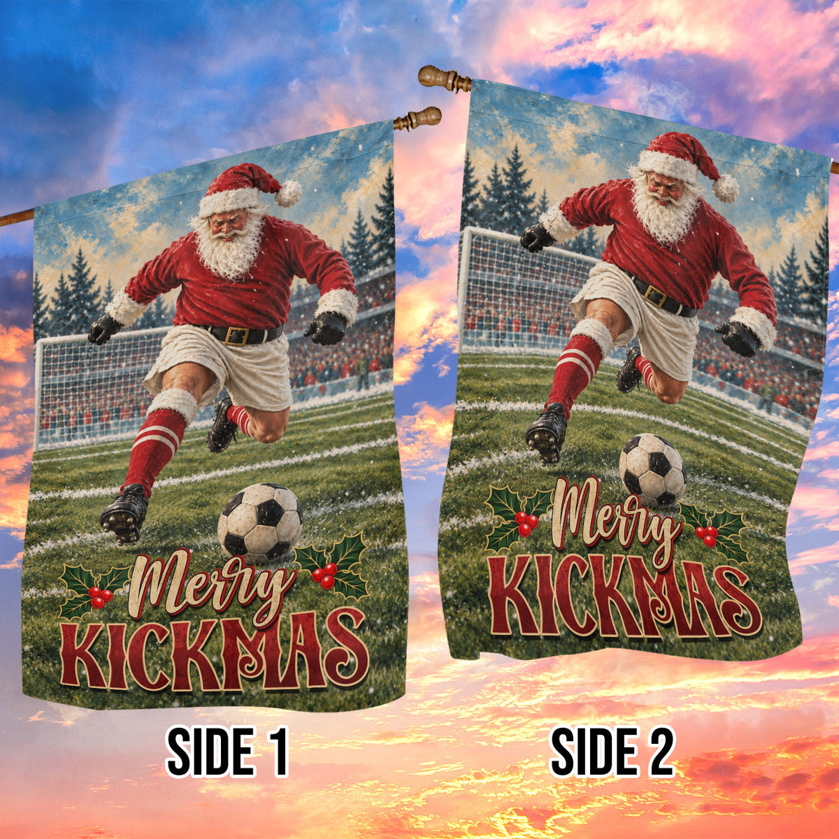 Funny Christmas Soccer Garden & House Flag, Merry Kickmas Sport Yard Flag, Vintage Xmas Gift For Soccer Lover