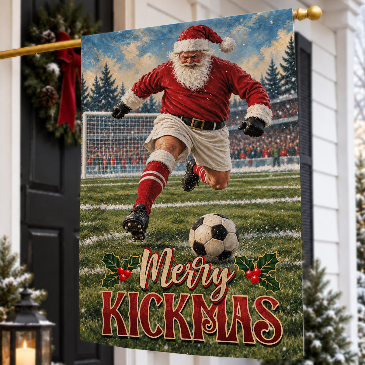 Funny Christmas Soccer Garden & House Flag, Merry Kickmas Sport Yard Flag, Vintage Xmas Gift For Soccer Lover
