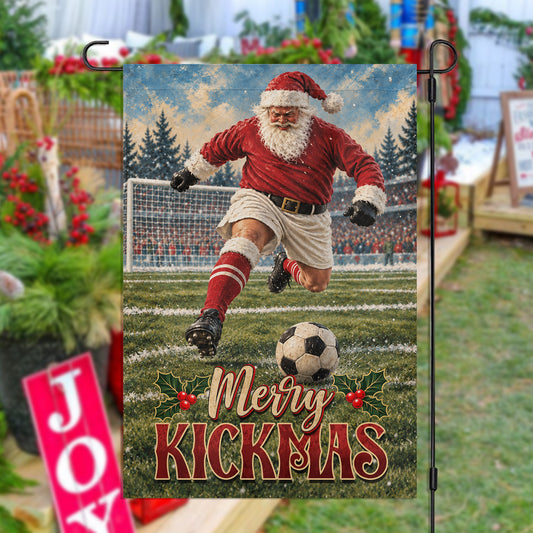 Funny Christmas Soccer Garden & House Flag, Merry Kickmas Sport Yard Flag, Vintage Xmas Gift For Soccer Lover