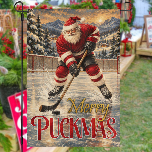 Vintage Christmas Hockey Garden & House Flag, Merry Puckmas, Welcome Outdoor Decor, Xmas Yard Decor Gift For Hockey Lover