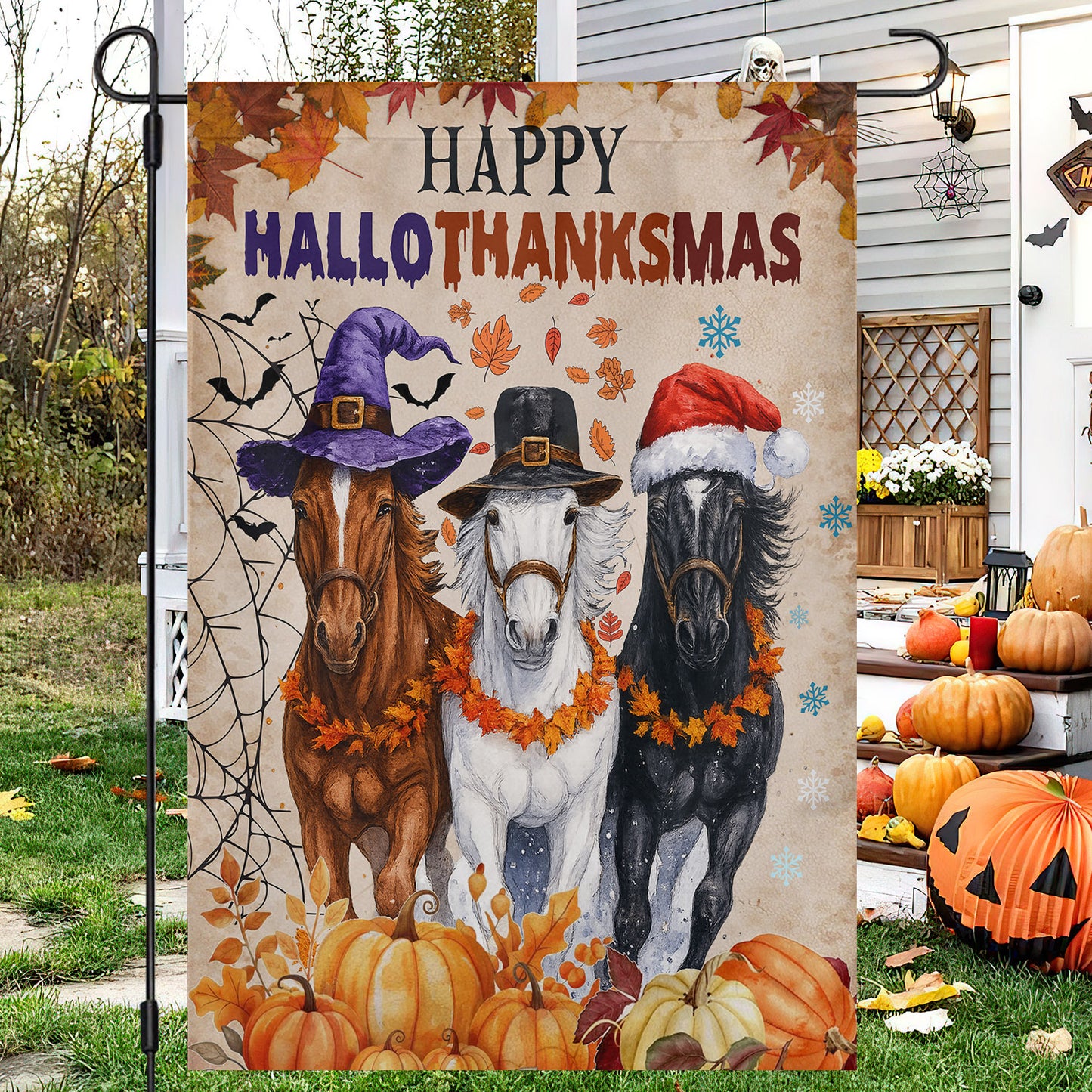 Funny Horse Garden & House Flag, Happy HalloThanksMas Horse Yard Flag, 3 Seasons In 1 Flag Gift For Horse Lovers