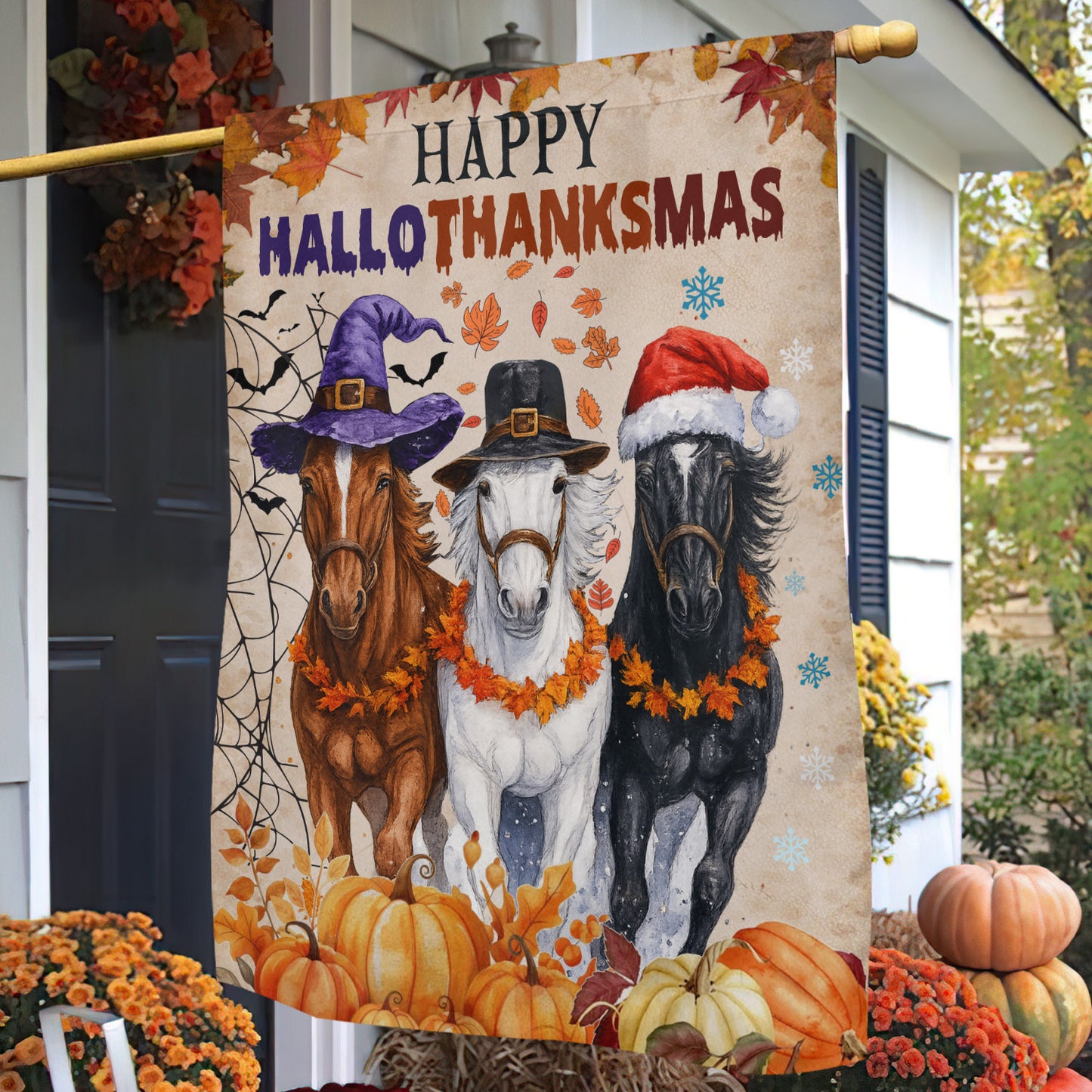 Funny Horse Garden & House Flag, Happy HalloThanksMas Horse Yard Flag, 3 Seasons In 1 Flag Gift For Horse Lovers