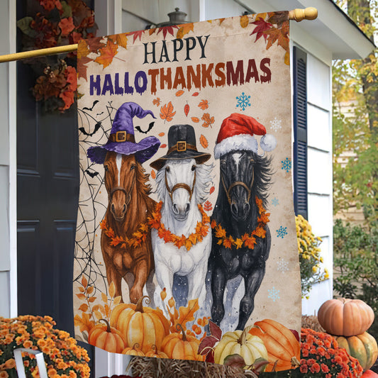 Funny Horse Garden & House Flag, Happy HalloThanksMas Horse Yard Flag, 3 Seasons In 1 Flag Gift For Horse Lovers