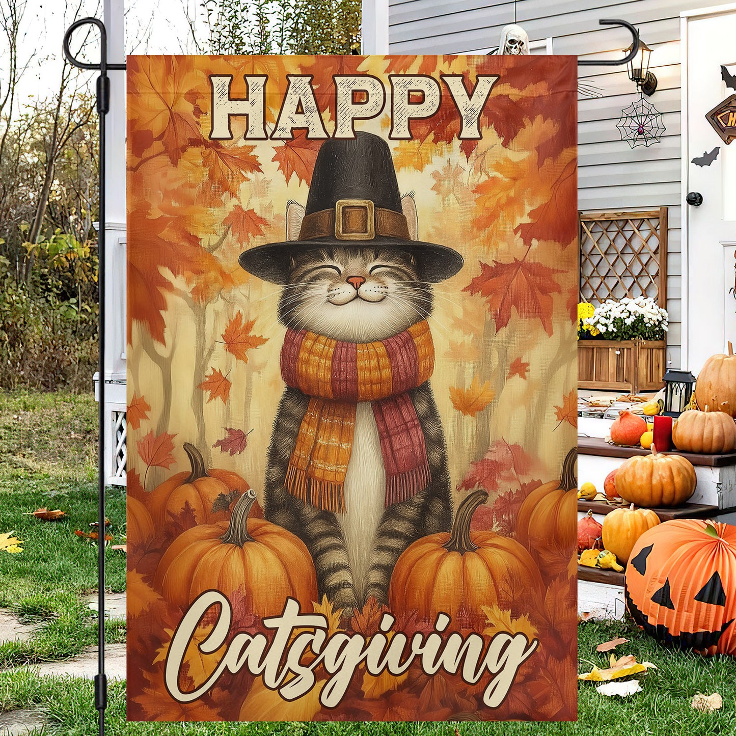 Funny Thanksgiving Cat Garden & House Flag, Happy Catsgiving Thankful Outdoor Decor, Yard Decor Gift For Cat Lovers