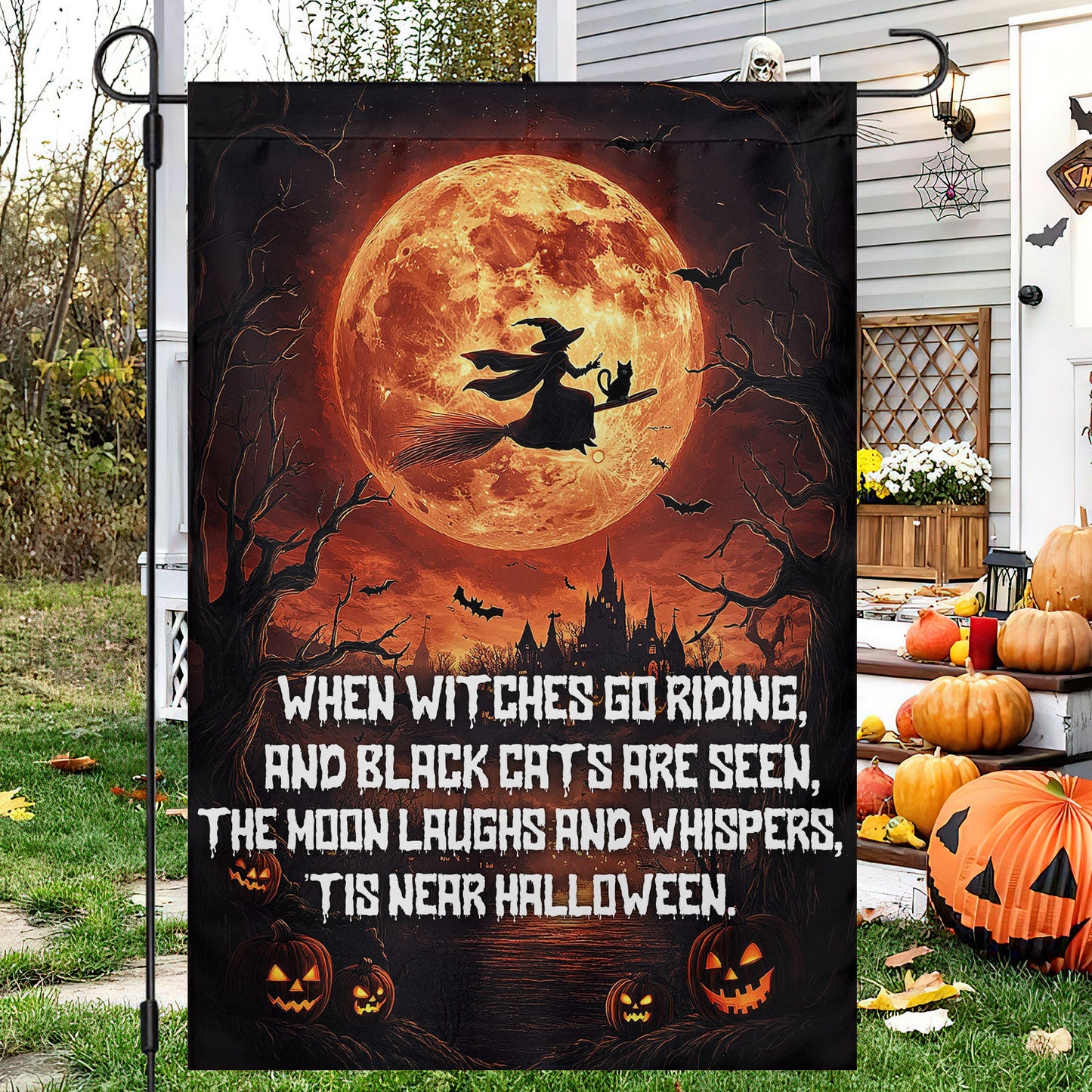 Halloween Witch Cat Garden Flag House Flag, It's Near Halloween Yard Flag Spooky Season Gift For Witch Lovers, Cat Lovers