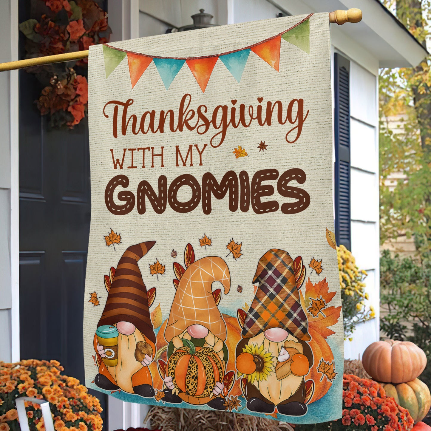 Thanksgiving Gnomies Garden & House Flag, Thanksgiving With My Gnomies Thankful Outdoor Decor, Yard Decor Gift For Gnomie Lovers