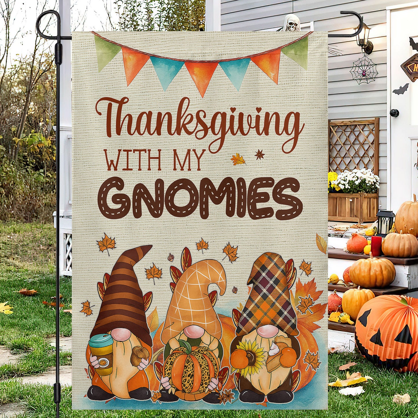 Thanksgiving Gnomies Garden & House Flag, Thanksgiving With My Gnomies Thankful Outdoor Decor, Yard Decor Gift For Gnomie Lovers